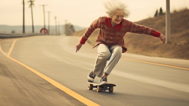 Old lady skating on road with fun. Generative ai