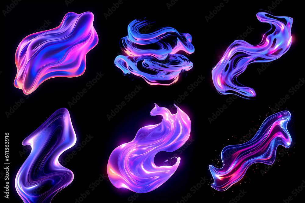 Wall mural colorful abstract neon liquid shape set. bold neon effect elements for graphic design. glowing wavy 