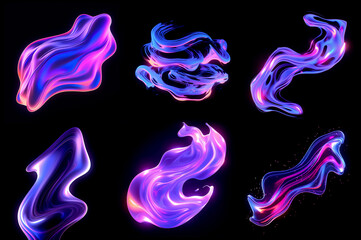 Colorful abstract neon liquid shape set. Bold neon effect elements for graphic design. Glowing wavy substances. Ai generated