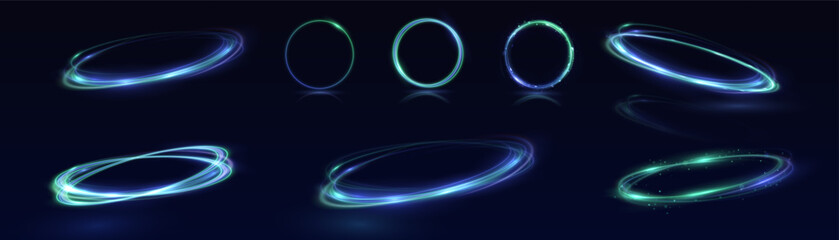 Neon swirl. Curve blue line light effect. Abstract ring background with glowing swirling background. Energy flow tunnel. Blue portal, platform. Magic circle vector. Luminous spiral. round frame - obrazy, fototapety, plakaty