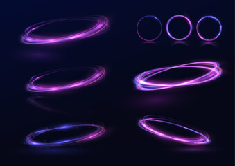 Neon swirl. Curve blue line light effect. Abstract ring background with glowing swirling background. Energy flow tunnel. Blue portal, platform. Magic circle vector. Luminous spiral. round frame - obrazy, fototapety, plakaty
