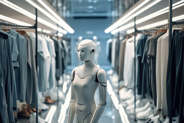 The white robot works as a sales assistant in a clothing store. The white robot chooses clothes. Generative AI