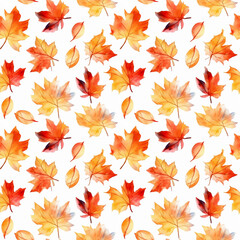 Obraz premium Seamless pattern with many autumn maple leaves on white background in watercolor style. Generative AI.