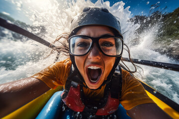 Woman whitewater river rafting, selfie closeup, canoe, kayak, paddling, extreme sports. Generative AI - obrazy, fototapety, plakaty