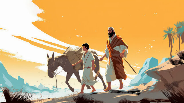 Colorful painting art portrait of Abraham hiking up a mountain with his son Isaac.