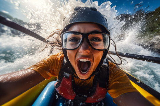 Woman whitewater river rafting, selfie closeup, canoe, kayak, paddling, extreme sports. Generative AI