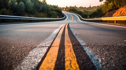 Asphalt Road And White Dividing Lines, Highway in early morning, AI generated.