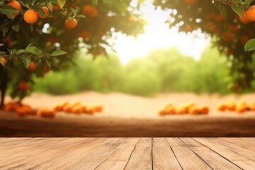 Naklejka na ściany i meble Empty wood table with free space over orange trees, Orange field background, AI generated.