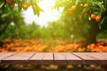 Wooden floor on orange trees fields background, Can be used for display or montage your products, AI generated.
