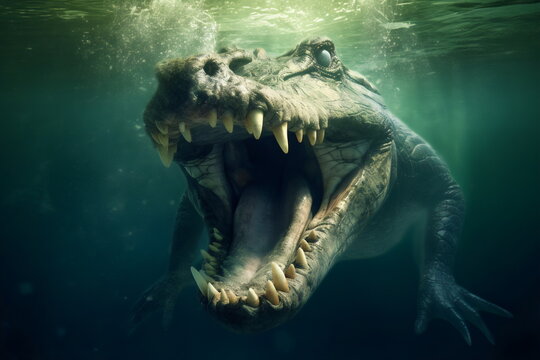 giant  scary crocodile with open mouth underwater, made with generative ai