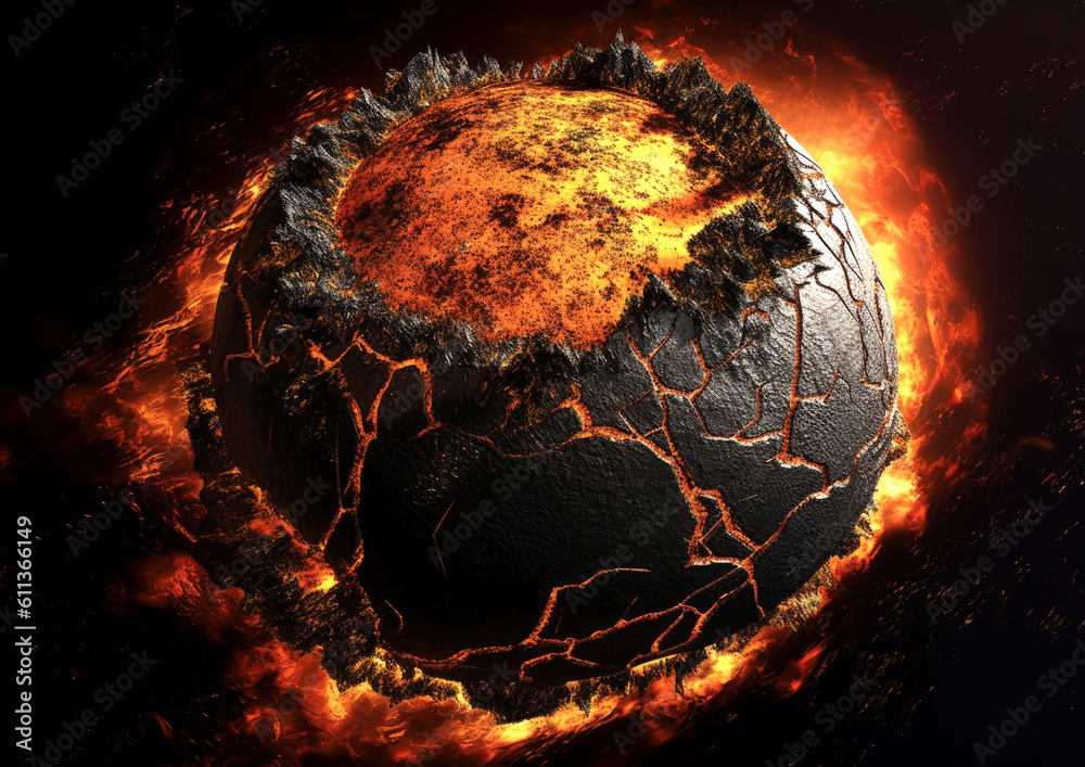 Wall mural shattering and exploding of planet earth's molten core . generative ai