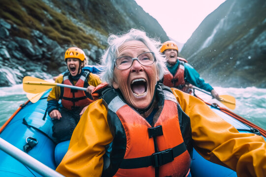 Whitewater river rafting, selfie closeup, elderly senior citizen woman, canoe, kayak, paddling, extreme sports. Generative AI