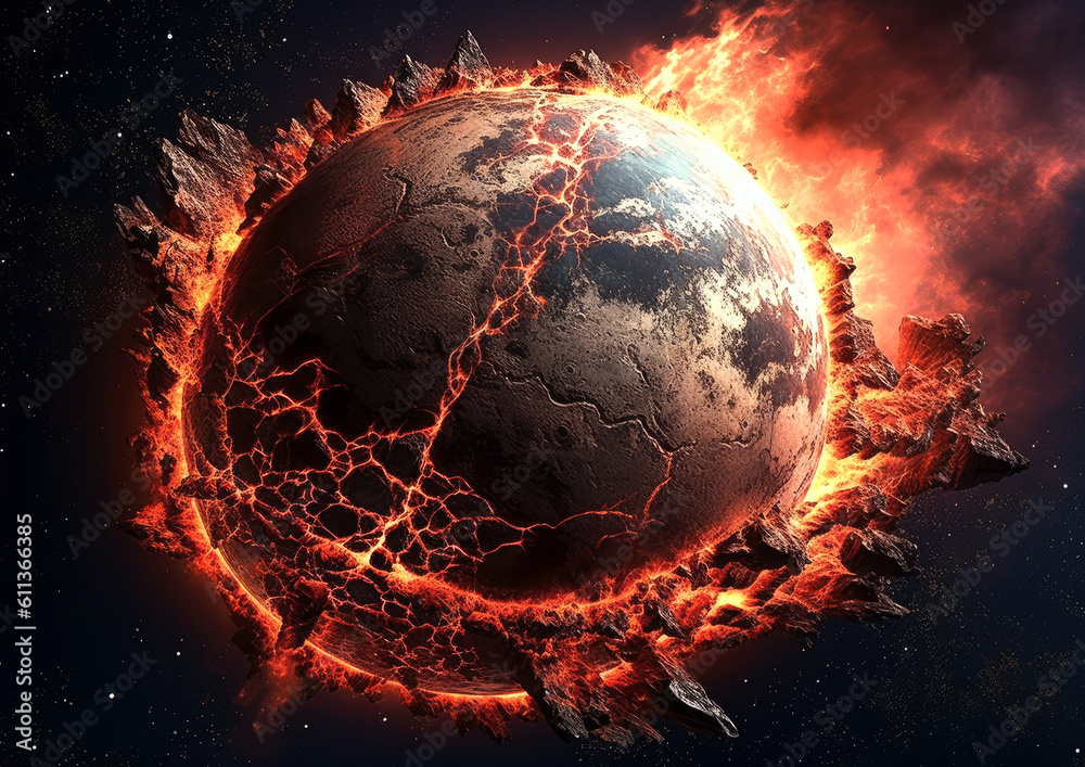 Wall mural shattering and exploding of planet earth's molten core . generative ai