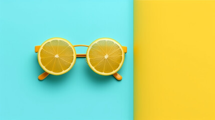 Lemon in sunglasses on blue and yellow background. Minimal summer concept