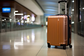 Luggage on the train station, Forgotten travel bag suitcase on empty station platform. Generative AI