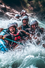 Whitewater river rafting, selfie closeup, canoe, kayak, paddling, extreme sports. Generative AI