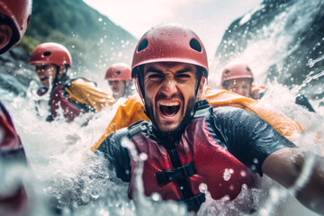 Whitewater river rafting, selfie closeup, canoe, kayak, paddling, extreme sports. Generative AI