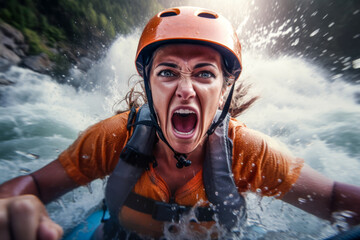 Woman whitewater river rafting, selfie closeup, canoe, kayak, paddling, extreme sports. Generative AI