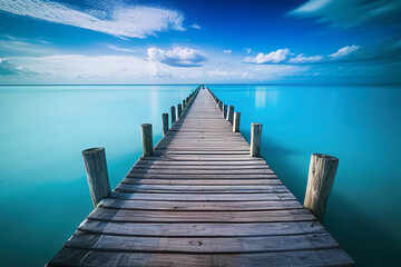 Obraz premium Wooden pier over a calm tropical blue lagoon, jetty on the water, summer vacations concept