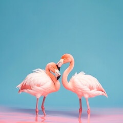 Obraz premium Summer tropical creative concept, pastel pink animal, exotic wild flamingo. A symbol of summer parties and hot sunny days. Illustration. Generative AI.