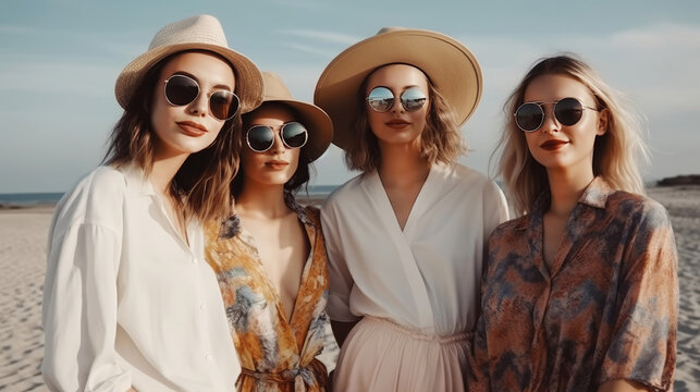 Group of woman as stylish fashionable friends at the beach (Generative AI)