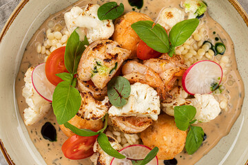 Portion of gourmet dish with ptitim and seafood