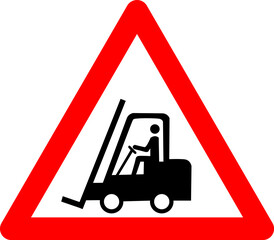 Forklift sign. Warning sign for forklifts and other industrial vehicles. Red triangle sign with a silhouette of a forklift inside. Caution forklift. Road sign.