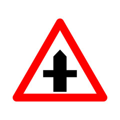 Intersection sign with secondary road. Warning sign. Red triangle sign with a silhouette of an intersection inside. Caution crossing with secondary road. Road sign.