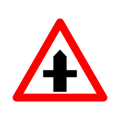 Obraz premium Intersection sign with secondary road. Warning sign. Red triangle sign with a silhouette of an intersection inside. Caution crossing with secondary road. Road sign.