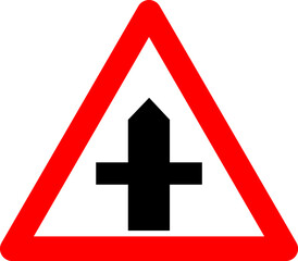 Obraz premium Intersection sign with secondary road. Warning sign. Red triangle sign with a silhouette of an intersection inside. Caution crossing with secondary road. Road sign.