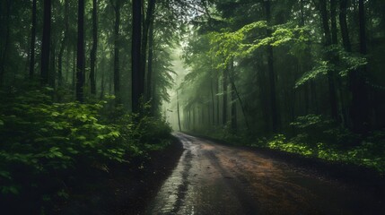 a beautiful shot of a forest surrounded by trees in the forest during the mist Generative AI, AI Generated