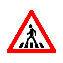 Pedestrian crossing sign. Warning sign pedestrian crossing. Red triangle sign with silhouette man walking along crosswalk inside. Caution unregulated pedestrian crossing. Road sign.
