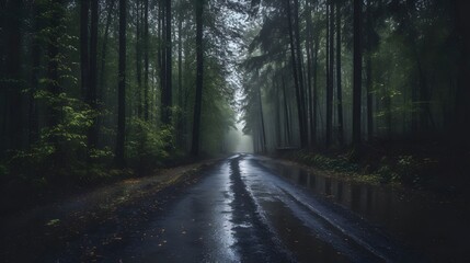 Fototapeta premium a beautiful shot of a forest surrounded by trees in the forest during the mist Generative AI, AI Generated