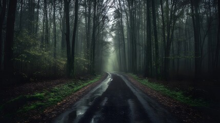 Fototapeta premium a beautiful shot of a forest surrounded by trees in the forest during the mist Generative AI, AI Generated