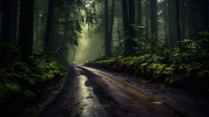 a beautiful shot of a forest surrounded by trees in the forest during the mist Generative AI, AI Generated
