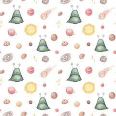 Space Background for Kids. Watercolor Seamless Pattern with Planets, Stars, Comets, UFO's, Meteorites.