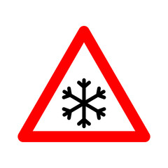 Snowfall sign. Snowfall warning sign. Red triangle sign with a snowflake icon inside. Caution, snowfall, slippery road. Road sign snowfall. Snow and ice sign.