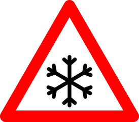 Snowfall sign. Snowfall warning sign. Red triangle sign with a snowflake icon inside. Caution, snowfall, slippery road. Road sign snowfall. Snow and ice sign. © Oleksandr