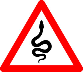 Sign snake. Snake warning sign. Danger snake sign. Red triangle sign with venomous snake icon inside. Risk of snake bite. Caution snake. Snake venom.
