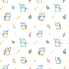 Watercolor Seamless Pattern with cute Penguin, stars, ships and rockets. Space Background for Kids. Galaxy design