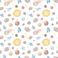 Space Background for Kids. Watercolor Seamless Pattern with Planets, Stars, Comets, Ships, Rockets, Meteorites.