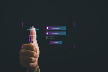 Thumbs up with virtual fingerprint to scan biometric identity and access password. Technology...