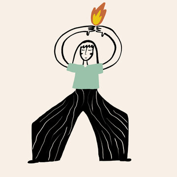 Drawing of woman meditating with raised hands and fire