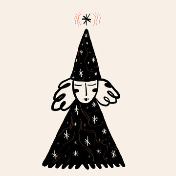 Drawing of dreamy magician in pointed hat