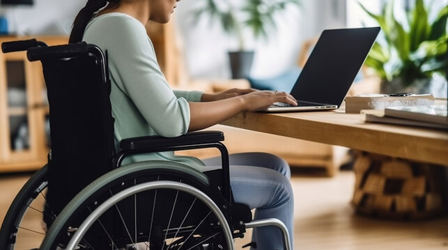 Side view of cropped body of young female in casual clothes sitting on wheelchair at table, writing notes in notebook from laptop while working on project in living room. Generative AI