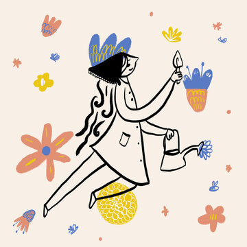 Drawing of dreamy gardener flying in air
