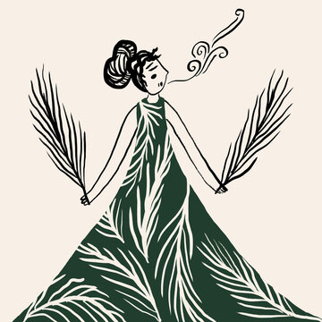 Simple drawing of woman with branches and smoke