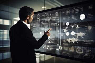 Generative AI illustration showing side view of focused man in formal clothes standing with large interactive monitor screen with world map and charts