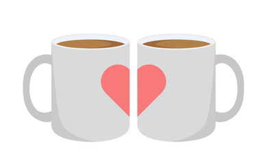 Paired mugs. White coffee mugs. Ceramic mugs with a pink heart. Isolated on white background.	
