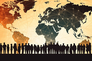 Generative AI illustration silhouette of unrecognizable group of people over dark floor standing by bright multicolored wall of world map